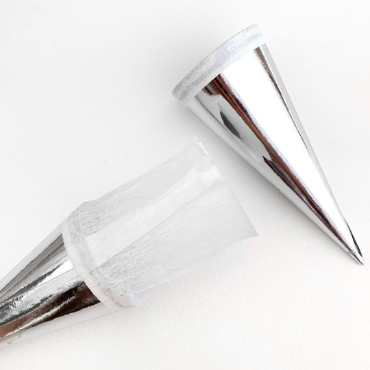 2 Metallic Paper & Crepe Cones from Germany ~ 4-3/4" ~ Silver Foil + White Crepe